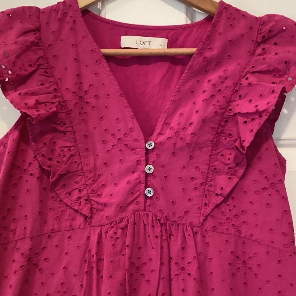 LOFT Raspberry Pink Eyelet Button Front Puff Sleeve Babydoll Mini Dress - XS/P - Picture 4 of 9